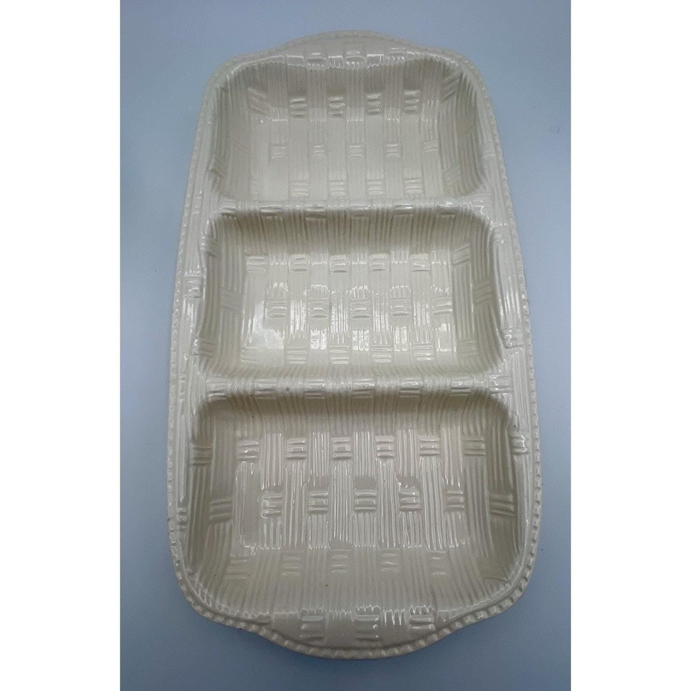 Cream Ceramic Basketweave 3 Compartment Party Platter USA Made Vintage EUC